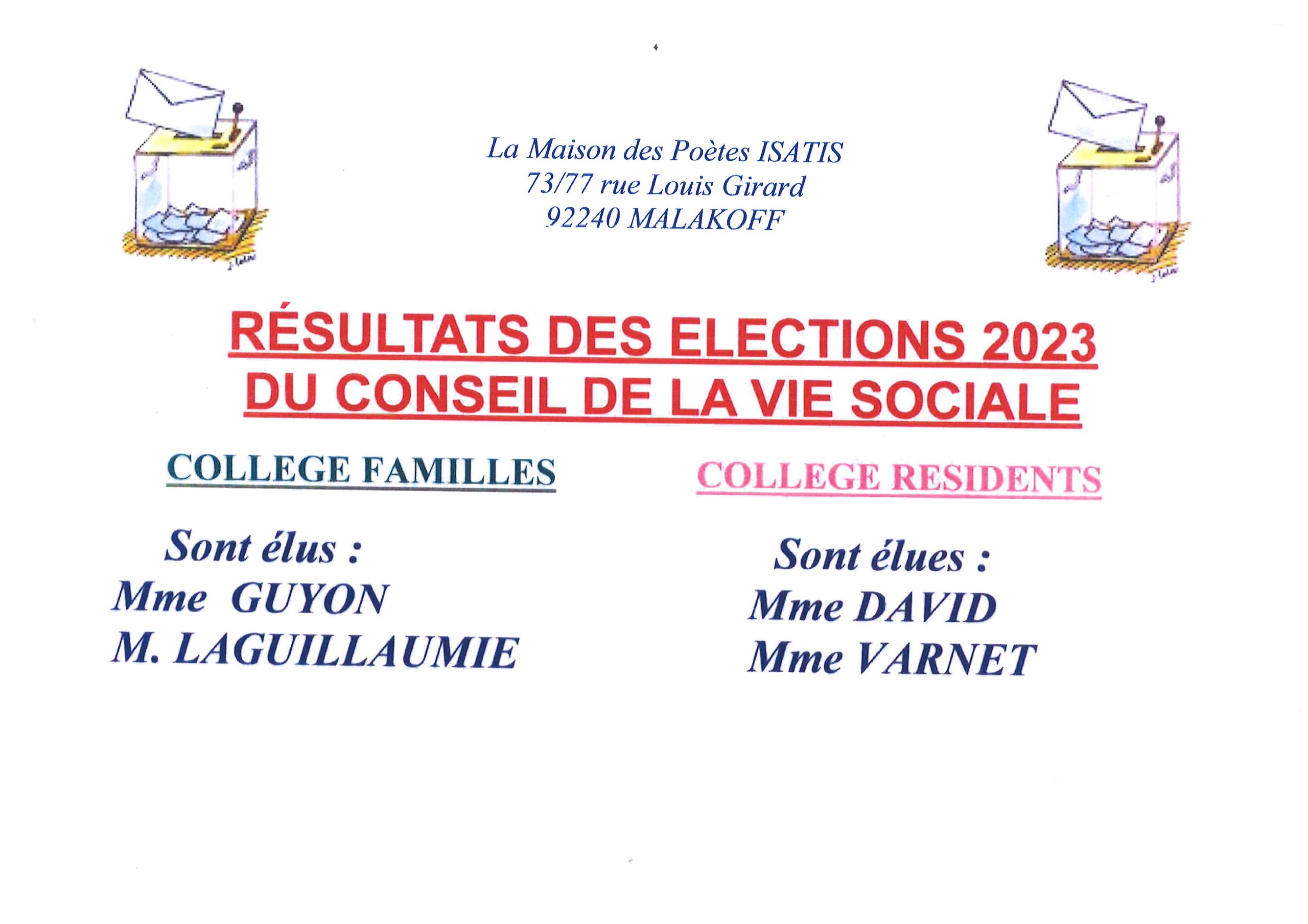Résultats des élections du Conseil de la vie Sociale du 27 juin 2023